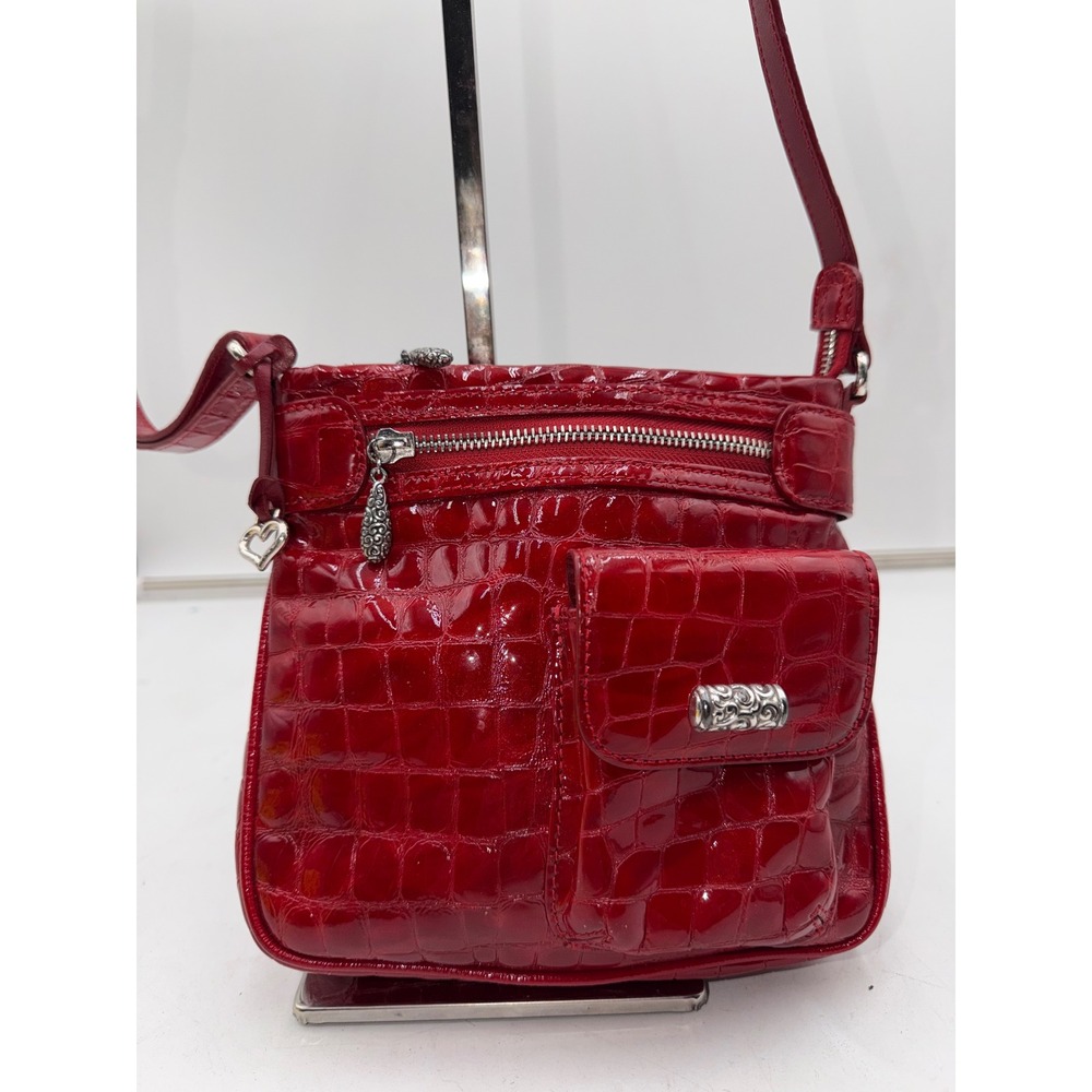 Brighton Red Croc Embossed Patent Leather Crossbody Bag Silver Heart Hardware